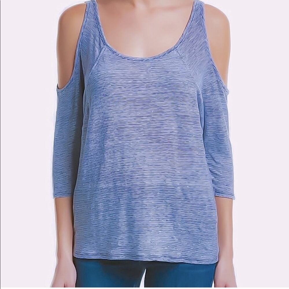Three Dots Linen Striped Cold Shoulder Top